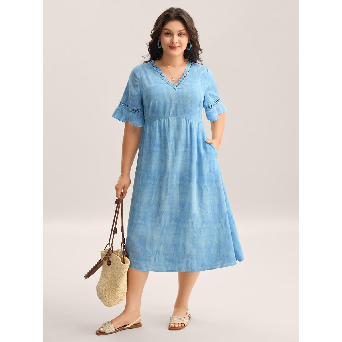 Plus Size Color Blend Lace Trim Pockets Midi Dress Stone Women V-neck Short sleeve Curvy BloomChic 18-20/2X Product Image