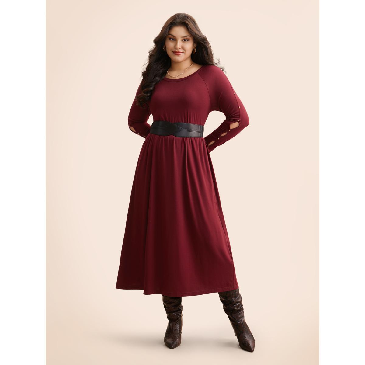 Plus Size Pearl Beaded Cut Out Midi Dress Burgundy Women Elegant Beaded Round Neck Long Sleeve Curvy BloomChic 18-20/2X Product Image