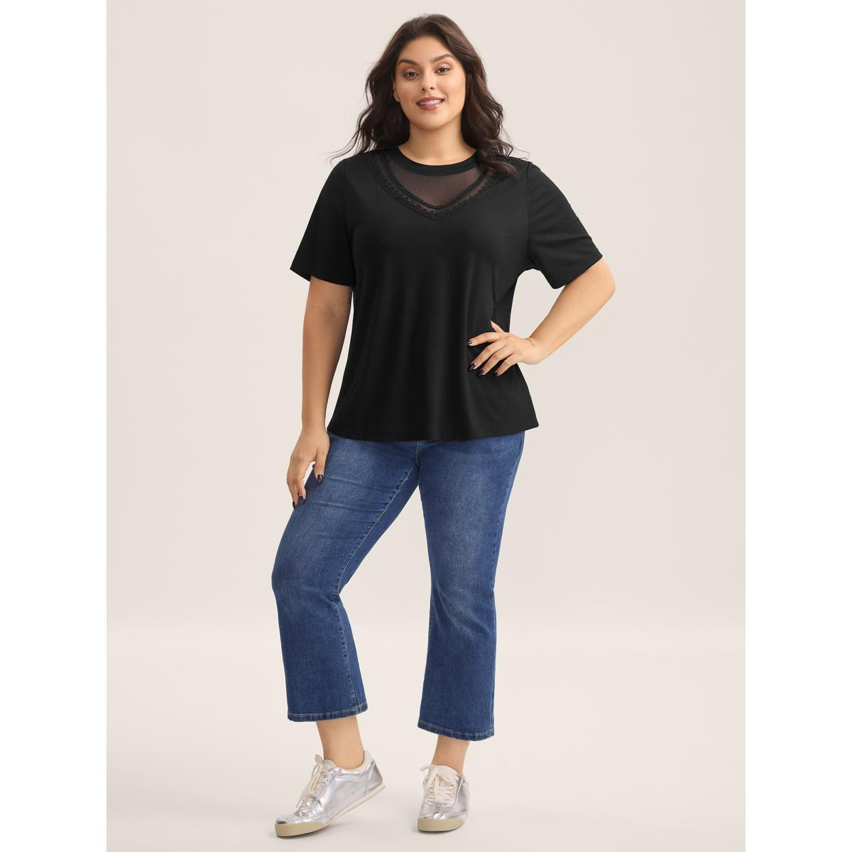 Plus Size Sheer Neck Solid Panel T-Shirt Black Women Woven ribbon&lace trim Round Neck Everyday-Casual T-shirts BloomChic 18-20/2X Product Image