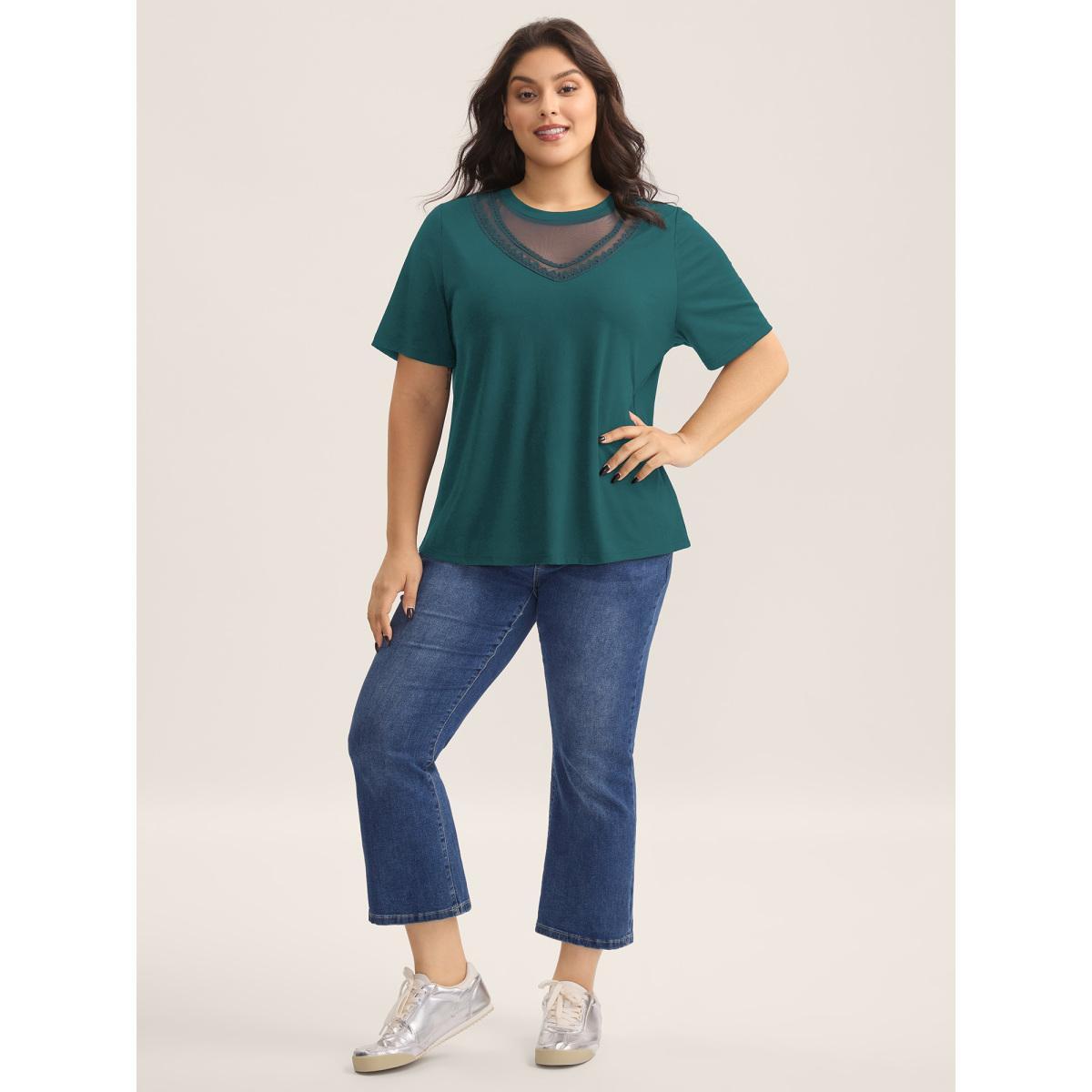 Plus Size Sheer Neck Solid Panel T-Shirt Aegean Women Woven ribbon&lace trim Round Neck Everyday-Casual T-shirts BloomChic 22-24/3X Product Image