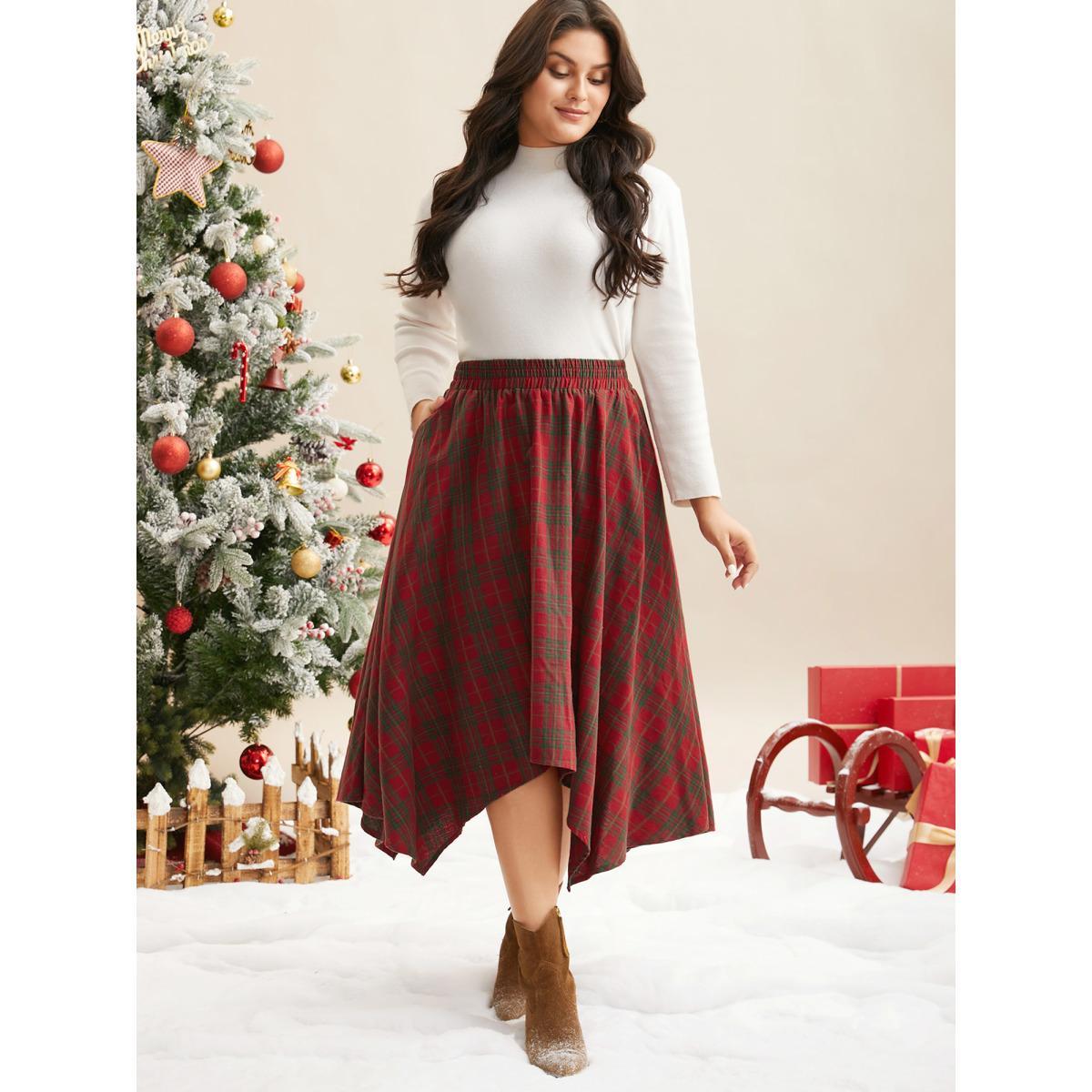 Plus Size Plaid Pattern Asymmetrical Hemline Midi Skirt Women Crimson Elegant Asymmetrical Loose No stretch Slanted pocket Everyday Skirts BloomChic 18-20/2X Product Image
