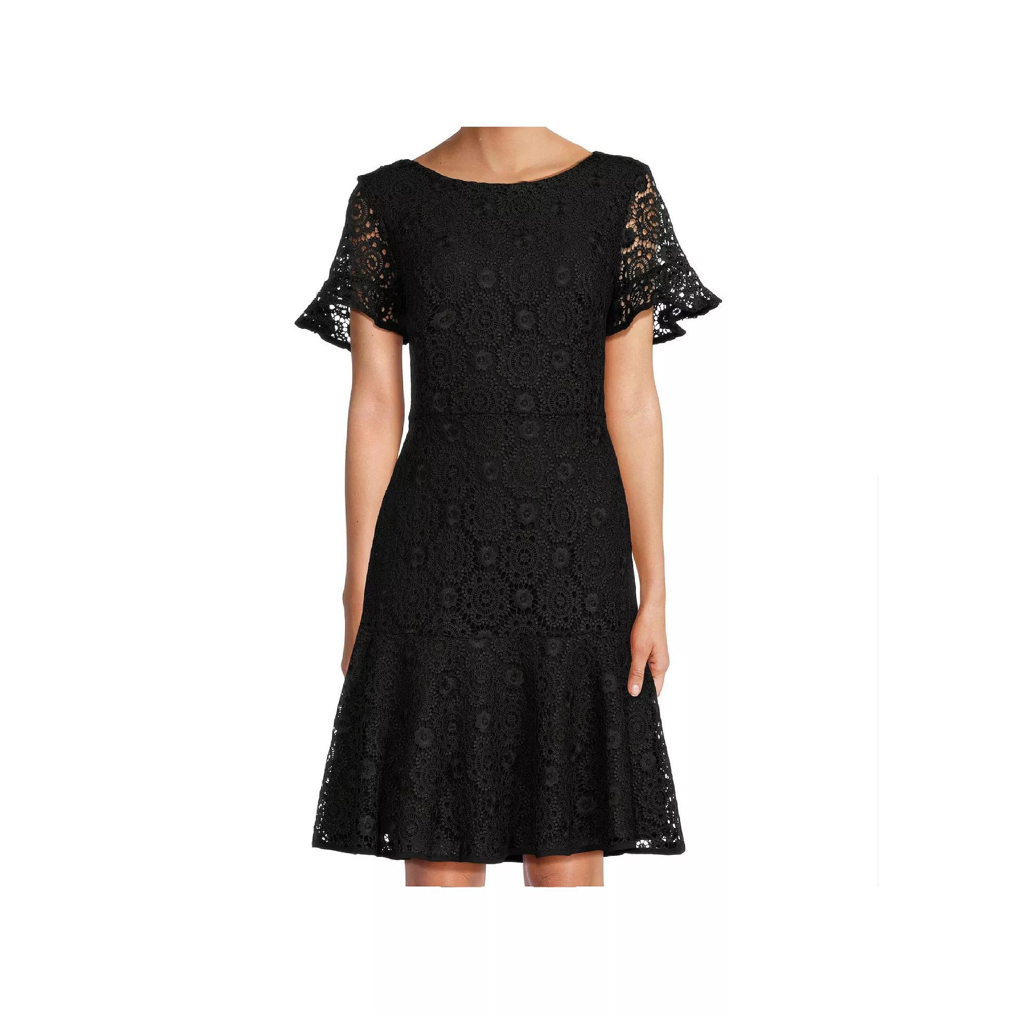 Women's Focus By Shani Lace Dress with Flounce Hem, Size: 8, Black Product Image