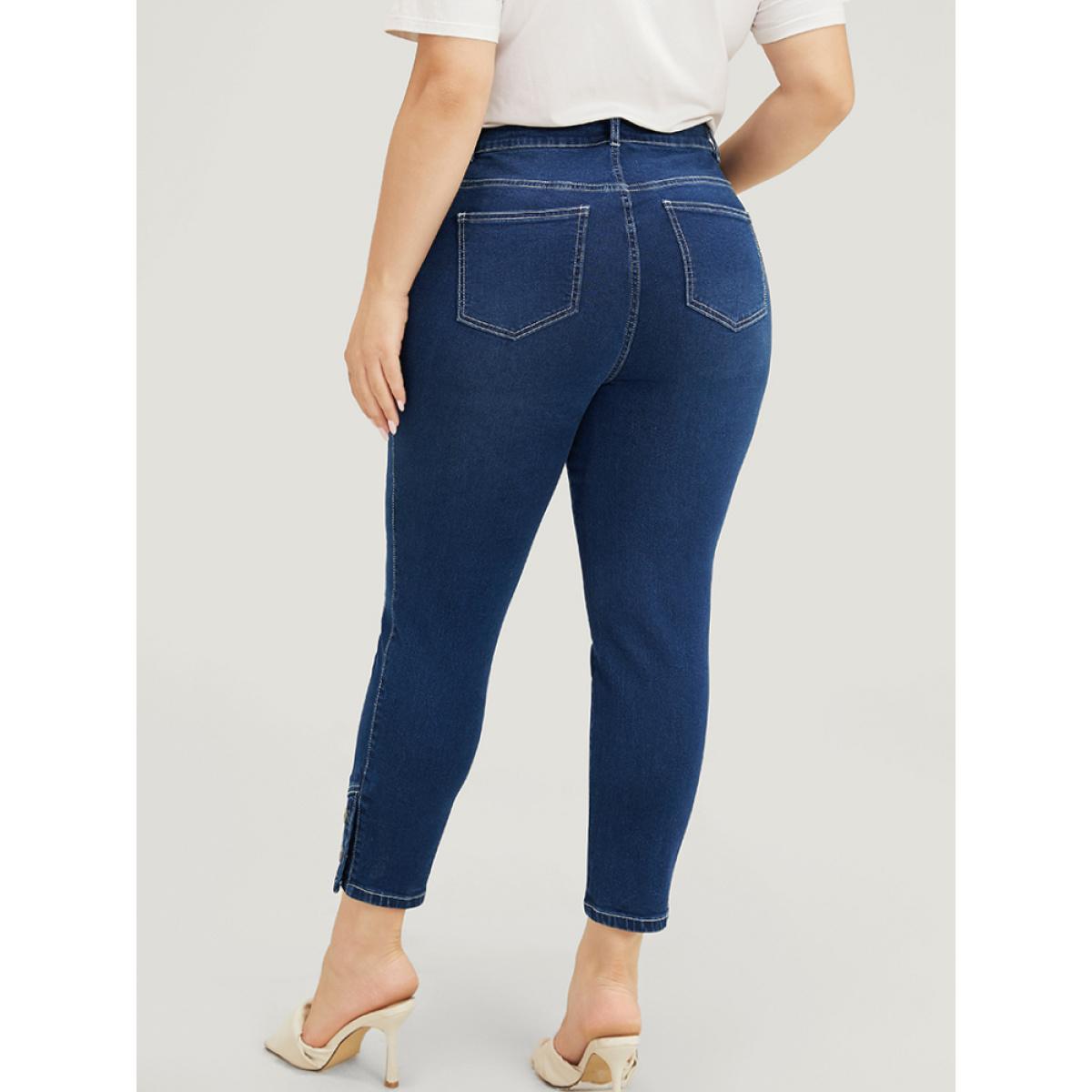 Plus Size Very Stretchy High Rise Dark Wash Button Hem Jeans Women Indigo Casual Plain Button High stretch Jeans BloomChic 30/6X Product Image