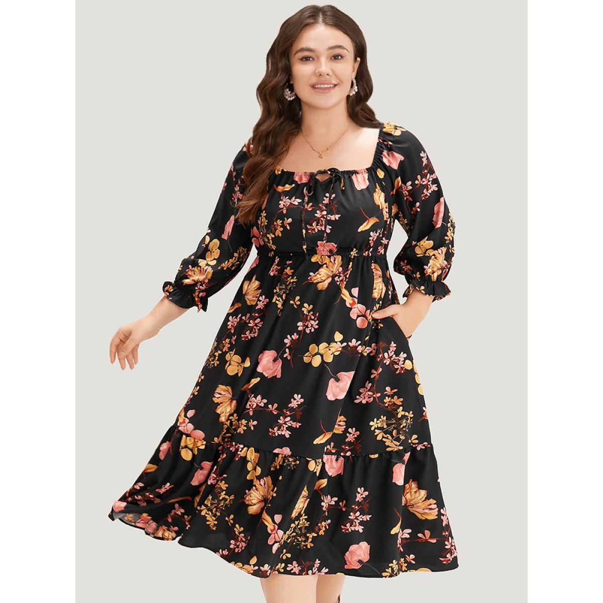 Plus Size Floral Print Bowknot Flutter Trim Tiered Dress Black Women Elegant Gathered Square Neck Elbow-length sleeve Curvy Midi Dress BloomChic 30/6X Product Image
