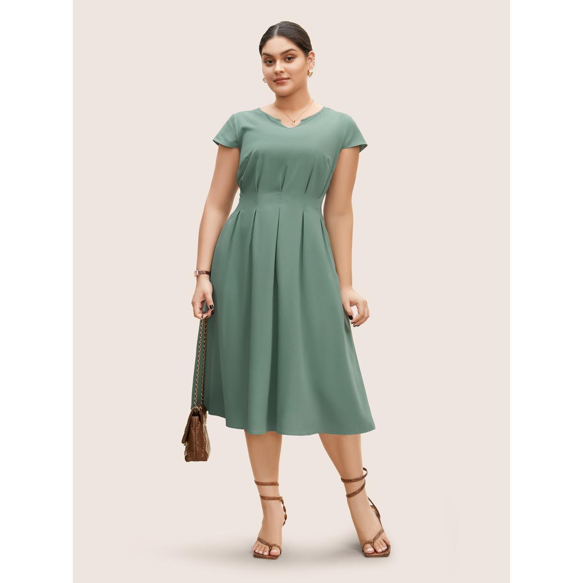 Plus Size Notched Collar Shirred Pleated Cap Sleeve Dress Emerald Women Work From Home Pleated Notched collar Cap Sleeve Curvy BloomChic 10/M Product Image