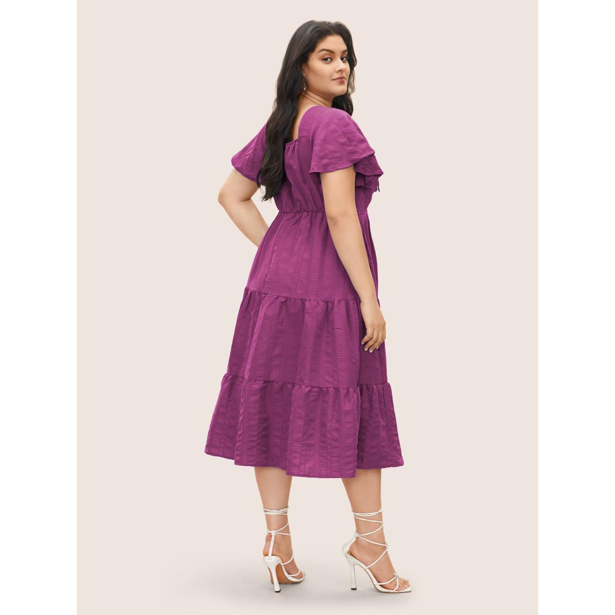 Plus Size Plain Ruched Drawstring Pocket Ruffle Tiered Dress RedViolet Women Elegant Non V-neck Short sleeve Curvy Midi Dress BloomChic 30/6X Product Image