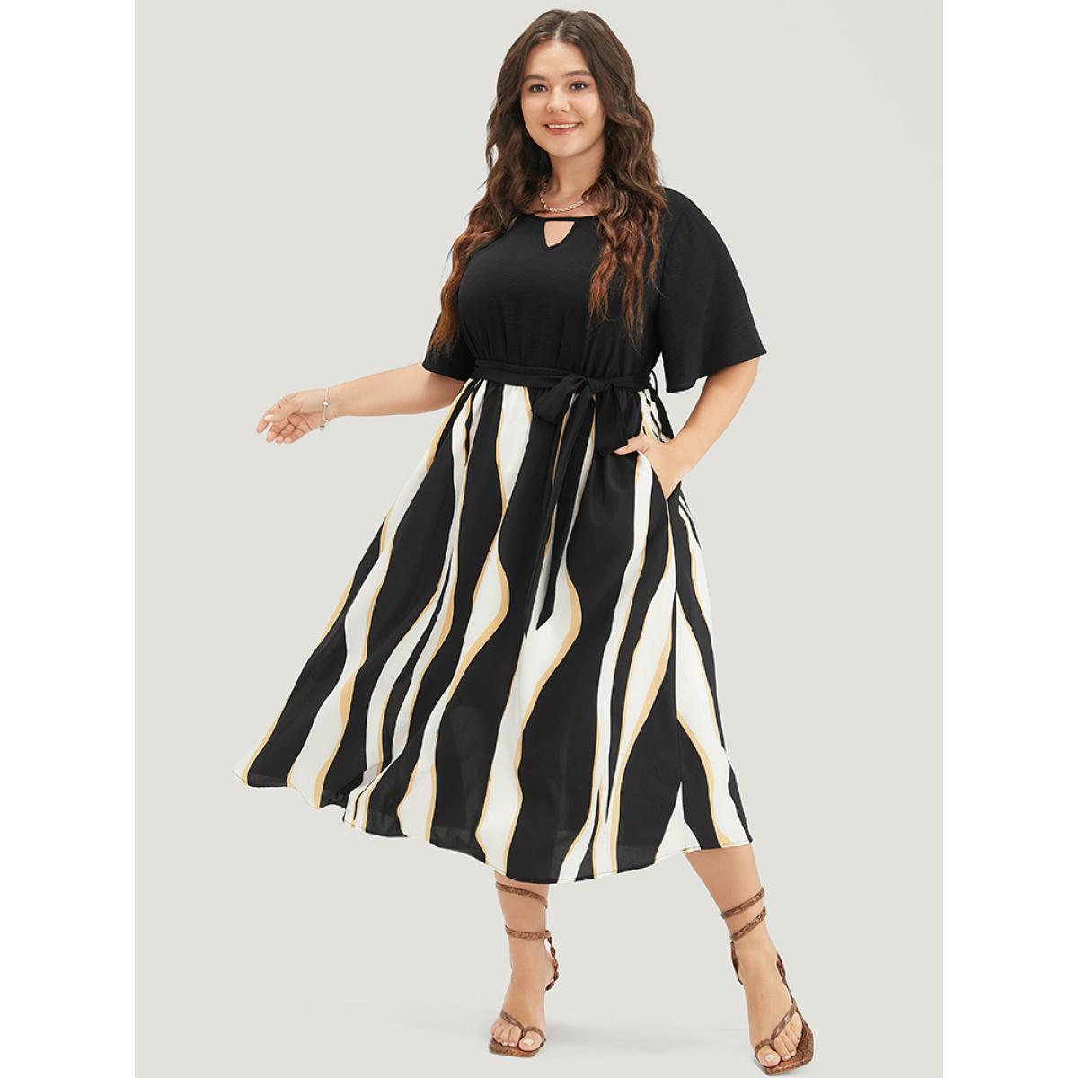 Plus Size Striped Patchwork Ruffle Sleeve Pocket Belted Keyhole Dress Black Women Office Lined Keyhole Cut-Out Short sleeve Curvy Midi Dress BloomChic 28/5X Product Image