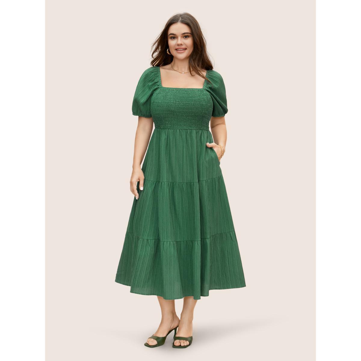Plus Size Square Neck Texture Shirred Puff Sleeve Dress Emerald Women Elegant Texture Square Neck Short sleeve Curvy BloomChic 30/6X Product Image