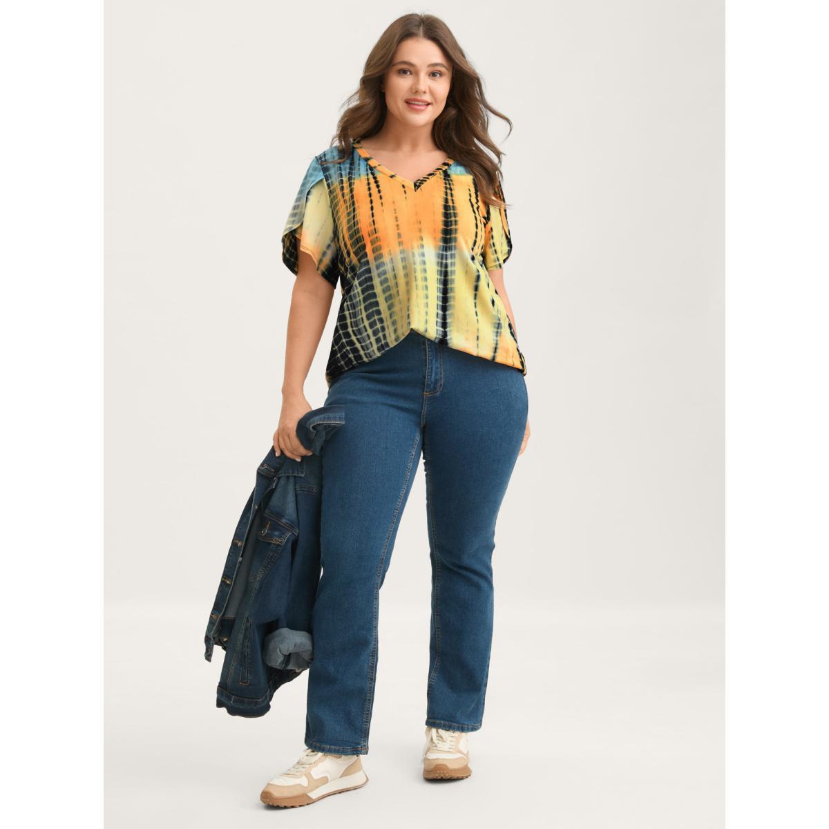 Plus Size Tie-Dye Petal Sleeve V-Neck T-Shirt Multicolor Women Petal edge V-neck Everyday-Casual T-shirts BloomChic 18-20/2X Product Image