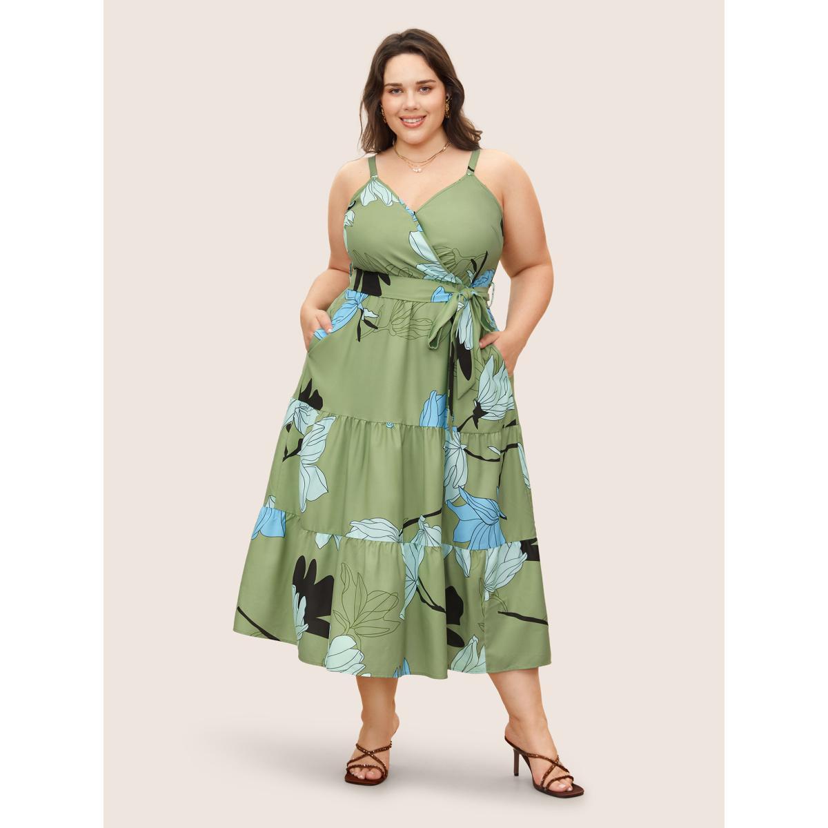 Plus Size Floral Print Wrap Ruffle Layered Hem Cami Dress Mint Women Elegant Overlapping Overlap Collar Sleeveless Curvy Midi Dress BloomChic 18-20/2X Product Image