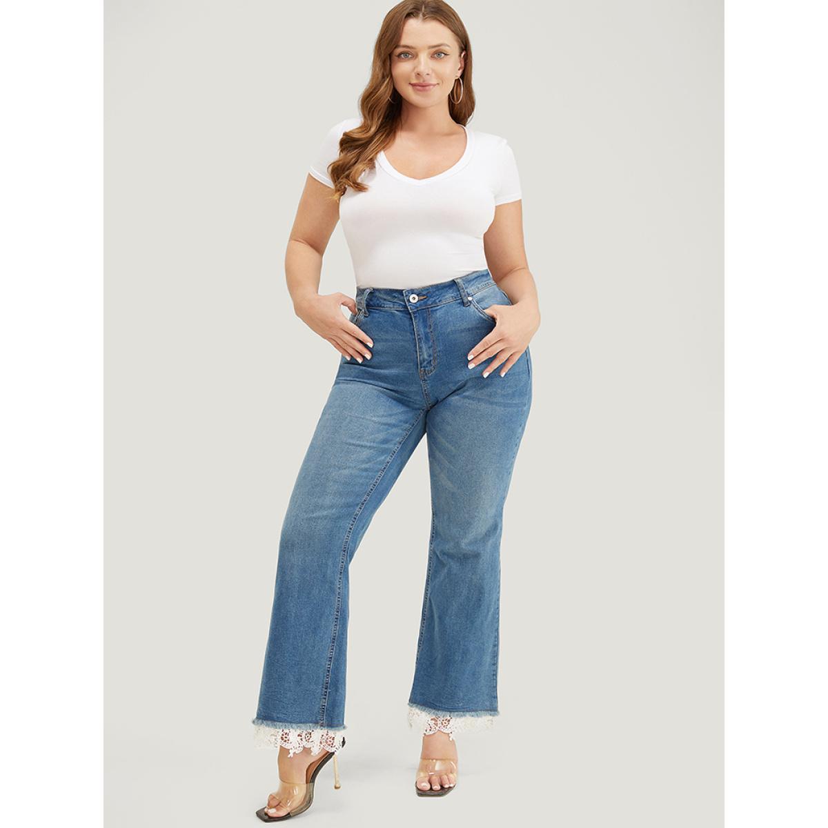 Plus Size Slightly Stretchy High Rise Dark Wash Lace Hem Jeans Women Stone Casual Plain Pocket Low stretch Pocket Jeans BloomChic 14/1X Product Image