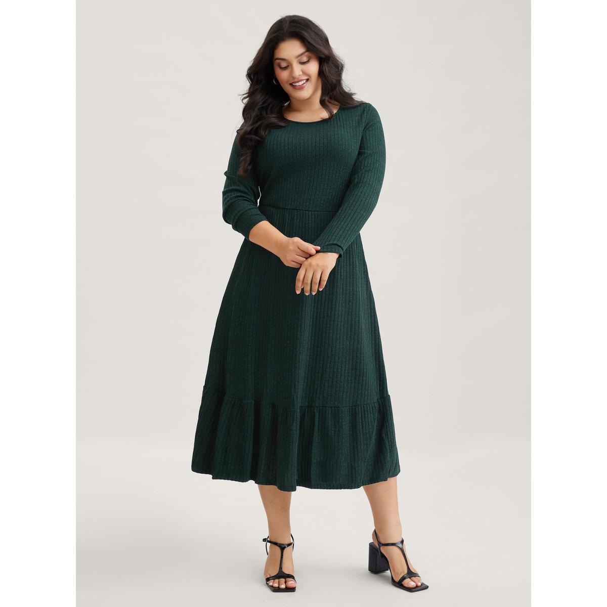 Plus Size Solid Pocket Rib Knit Ruffle Hem Dress Without Belt DarkGreen Women Basics Non Round Neck Long Sleeve Curvy Midi Dress BloomChic 30/6X Product Image