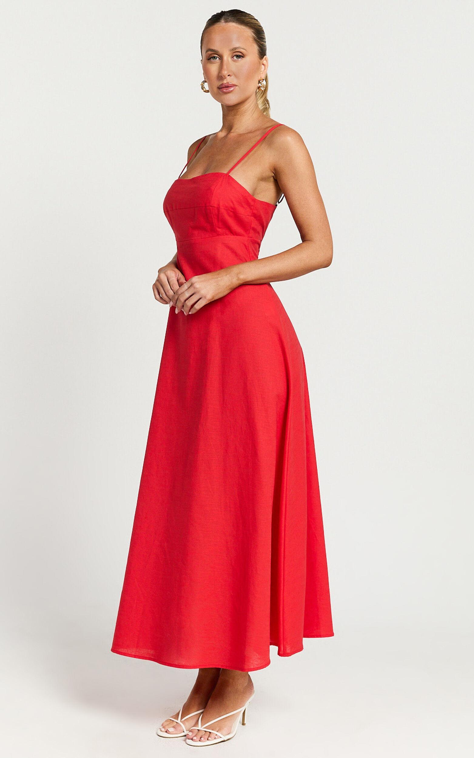 Brette Midi Dress - Linen Straight Neck Strappy Fit And Flare Dress in Red Product Image