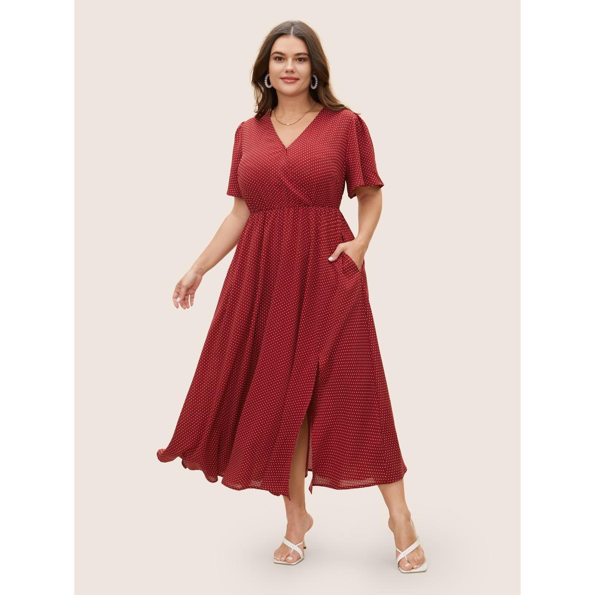 Plus Size Polka Dot Overlap Collar Split Hem Dress Scarlet Women Elegant Ruffles Overlap Collar Short sleeve Curvy BloomChic 14-16/1X Product Image