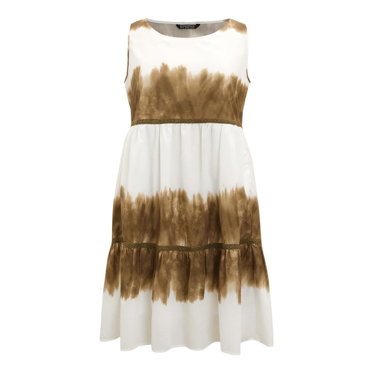 Plus Size Tie Dye Crochet Lace Ruffle Layered Hem Tank Dress Tan Women Elegant Patchwork Round Neck Sleeveless Curvy Knee Dress BloomChic 10/M Product Image