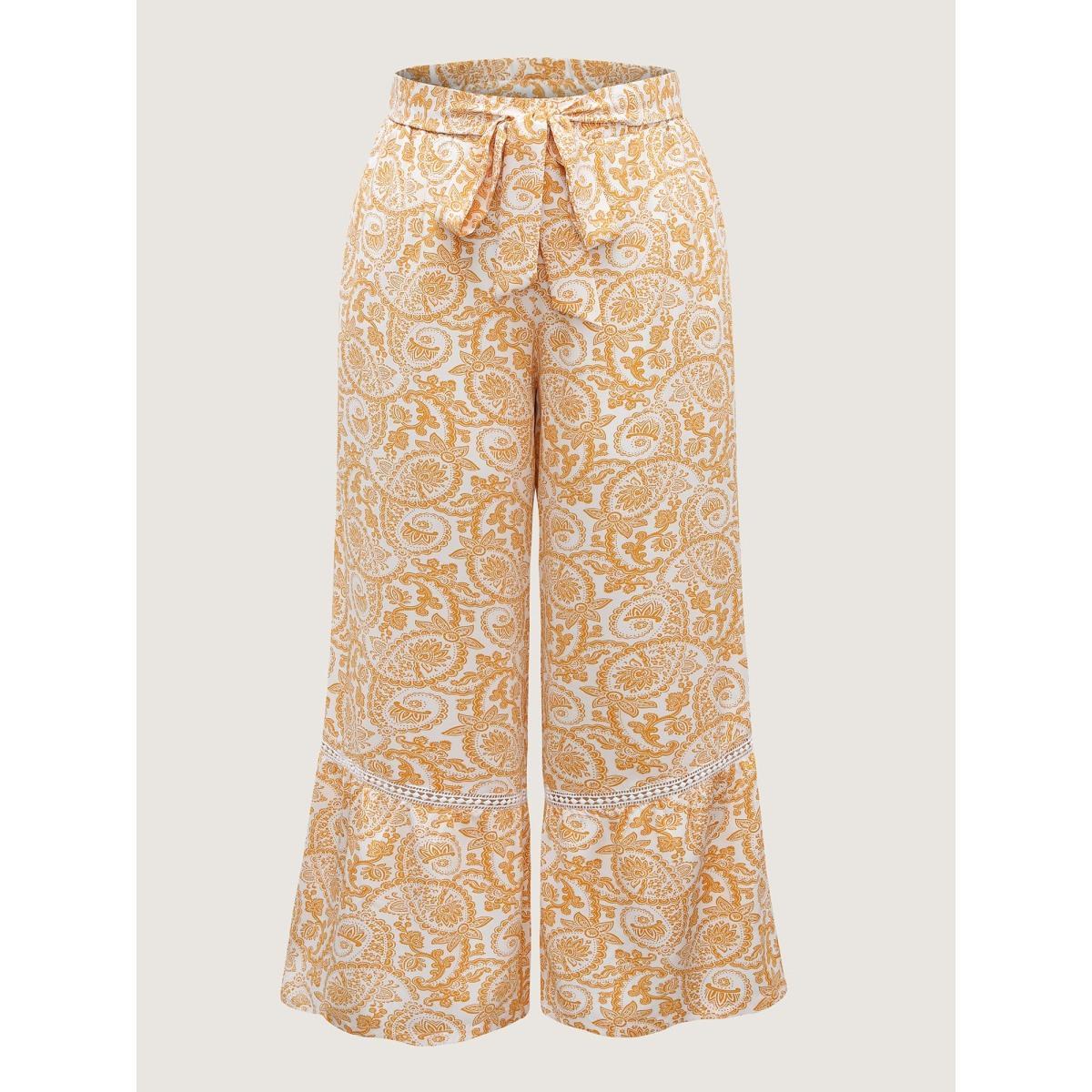 Plus Size Paisely Print Lace Trim Wide-Leg Pants Women Lightyellow Resort Wide Leg Mid Rise Vacation Pants BloomChic 28/5X Product Image