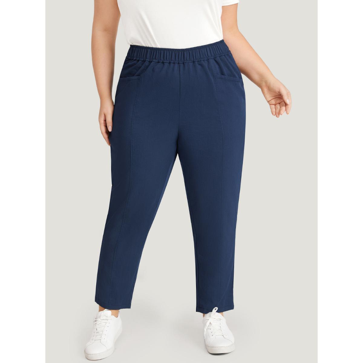 Plus Size Solid Elastic Waist Pocket High Rise Pants Women Indigo Casual High Rise Dailywear Pants BloomChic 28/5X Product Image