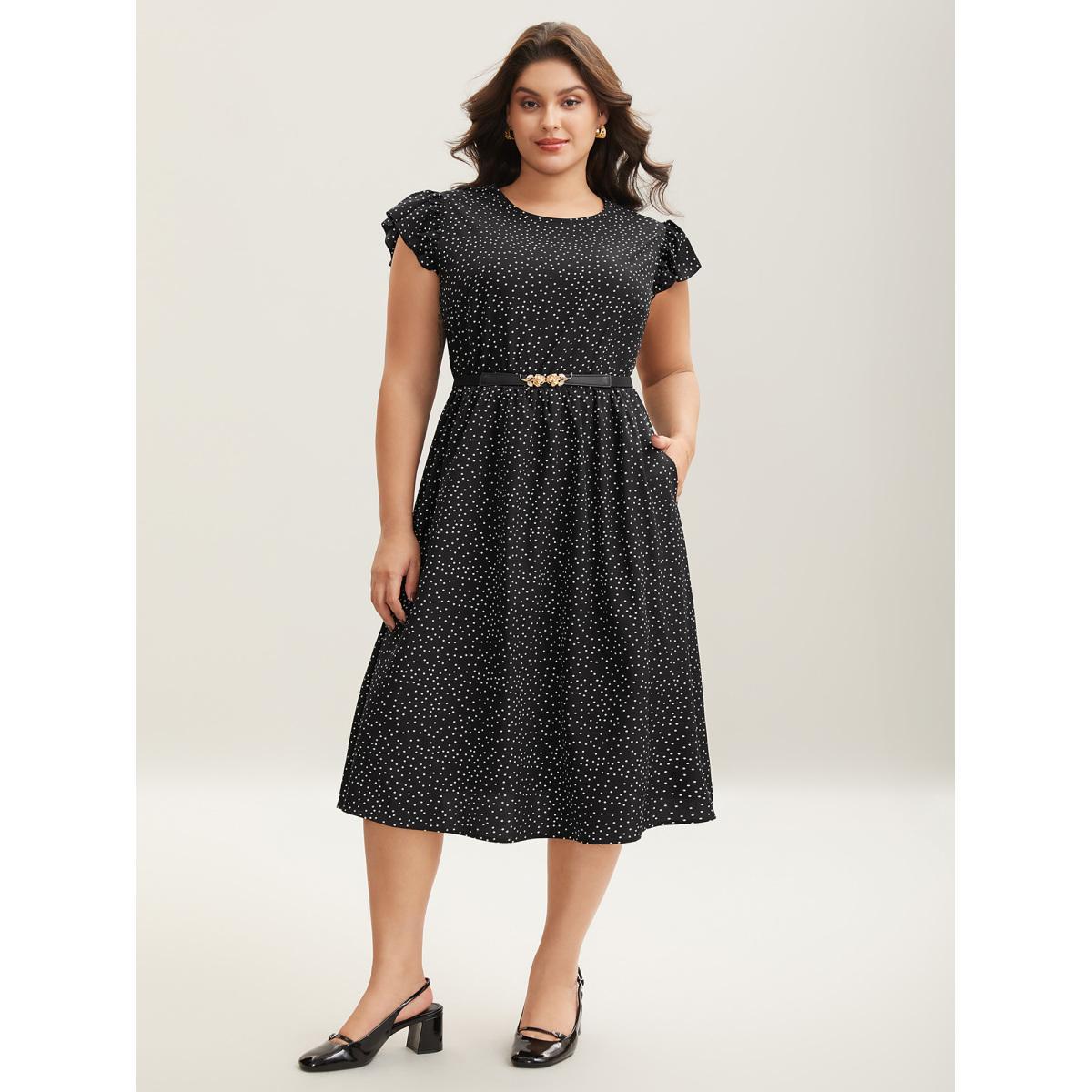 Plus Size Sheer Cut-Out Back Pockets Midi Dress Black Women Elegant Woven ribbon&lace trim Round Neck Cap Sleeve Curvy BloomChic 30/6X Product Image