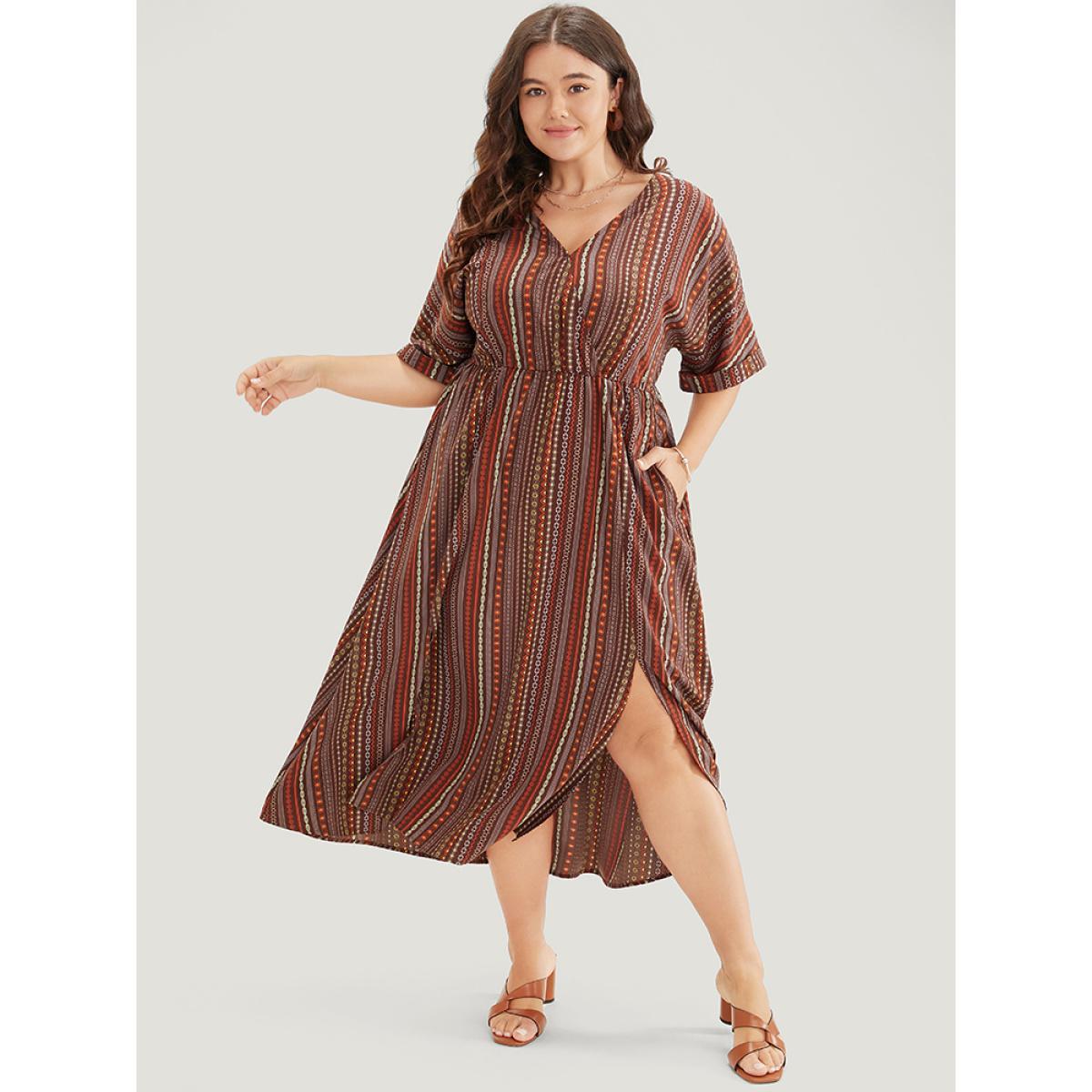 Plus Size Striped Geometric Dolman Sleeve Pocket Split Surplice Neck Ruffle Dress Brown Women Vacation Pocket Cold Shoulder Short sleeve Curvy Midi Dress BloomChic 14-16/1X Product Image