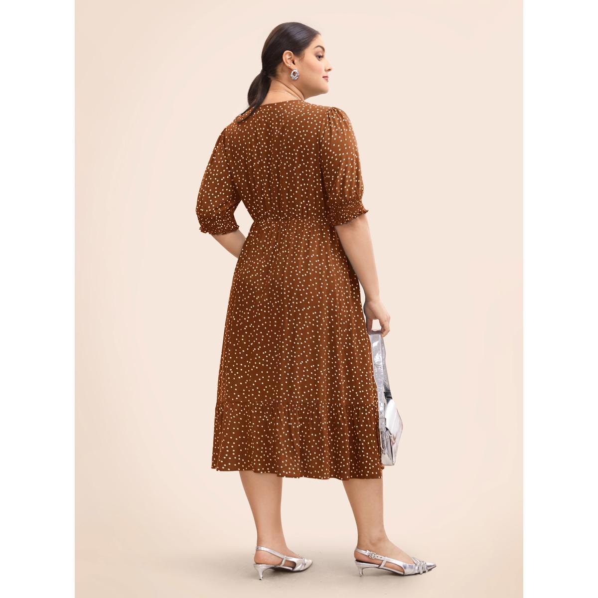 Plus Size Polka Dot Shirred Pocket Flutter Hem Dress Burgundy Women Office Printed V-neck Half Sleeve Curvy Midi Dress BloomChic 12/L Product Image