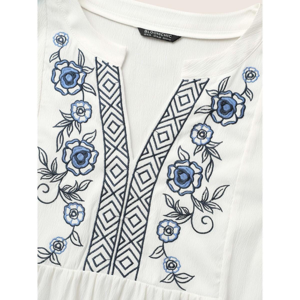 Plus Size Ivory Boho Print Embroidered Gathered Notched Blouse Women Resort Half Sleeve Flat collar with V-notch Vacation Blouses BloomChic 28/5X Product Image