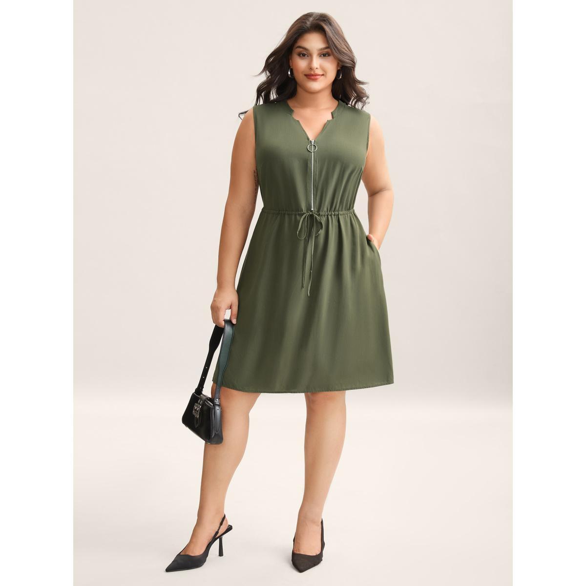 Plus Size Rayon Zipper Front Waist-Tie Midi Dress DarkGreen Women V-neck Sleeveless Curvy BloomChic 30/6X Product Image