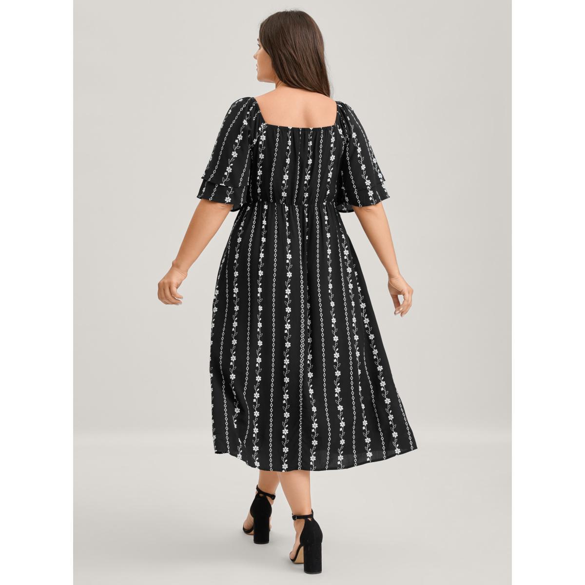 Plus Size Floral Stripes Layered Ruffle Sleeve Midi Dress Black Women Shirred Square Neck Short sleeve Curvy BloomChic 30/6X Product Image