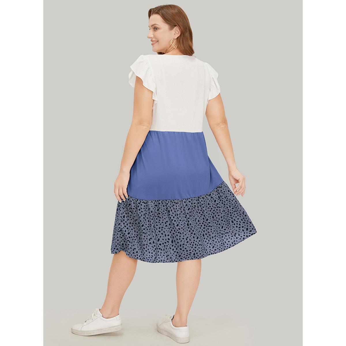 Plus Size Leopard Contrast Ruffle Trim Pocket Layered Hem Dress Stone Women Casual Patchwork Round Neck Cap Sleeve Curvy Midi Dress BloomChic 12/L Product Image