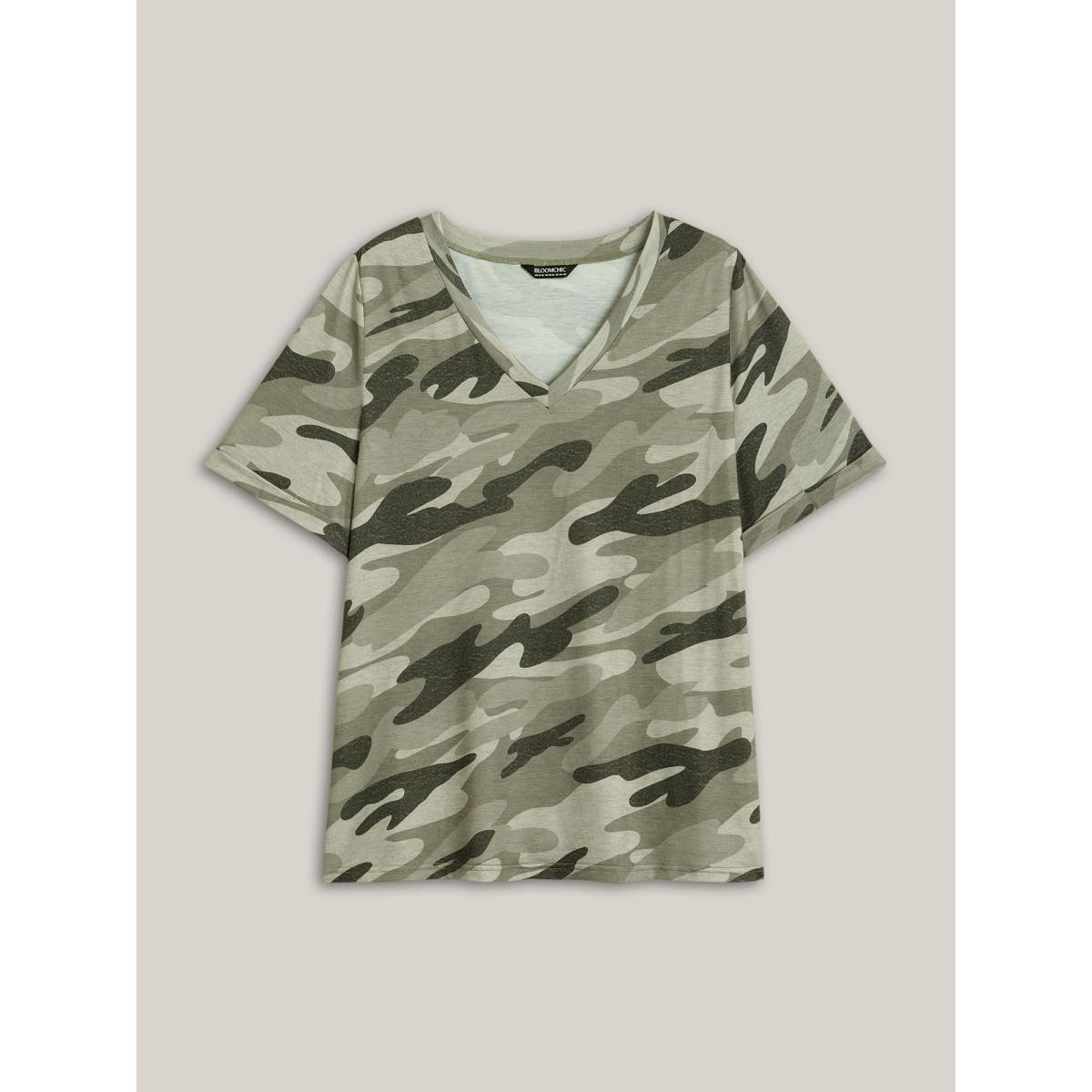 Plus Size Camouflage Print V-Neck Curvy T-Shirt Multicolor Women Elegant Roll Hem V-neck Everyday T-shirts BloomChic 30/6X Product Image