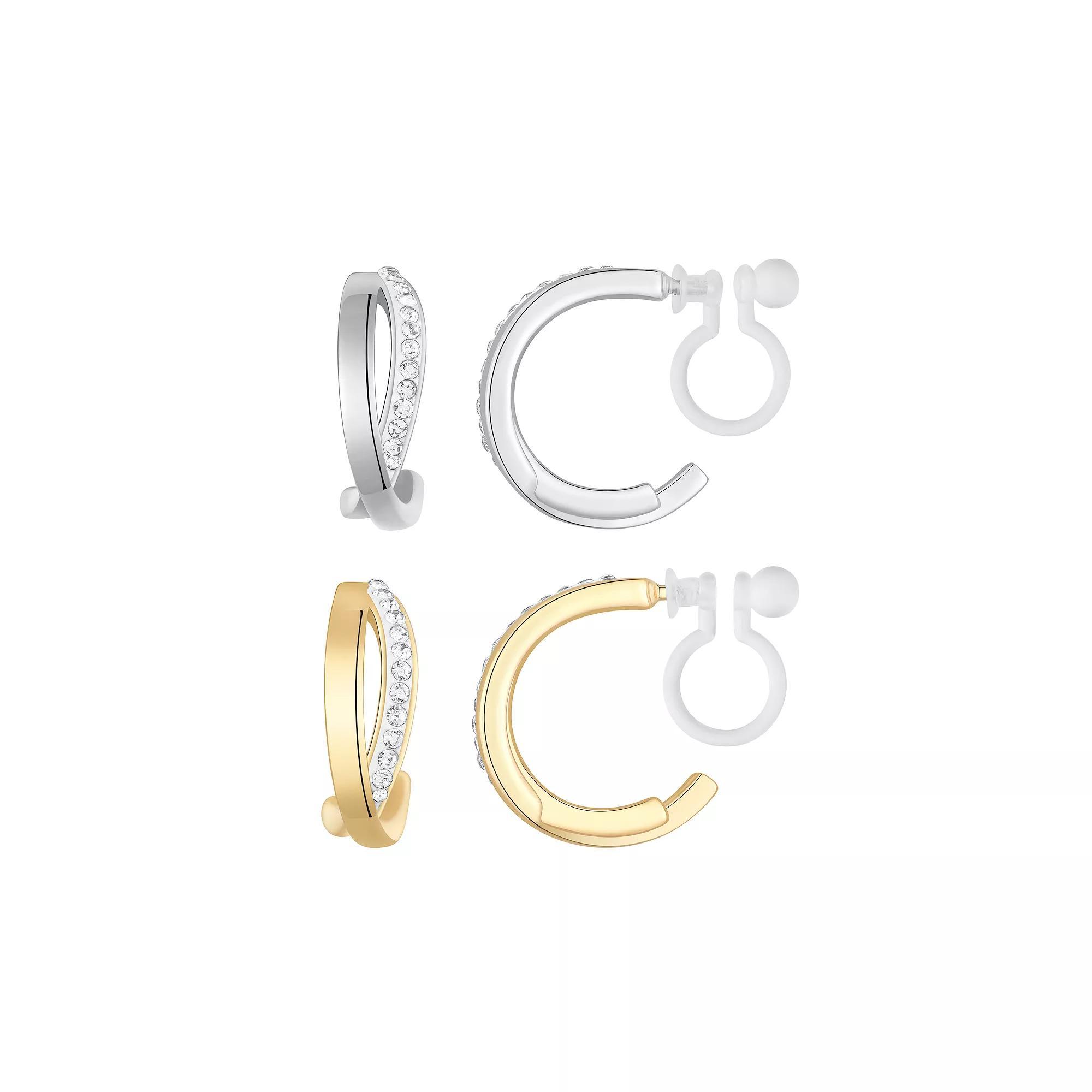 Chrystina Crystal Crossover Clip-on Hoop Earrings Set, Women's, Two Tone Product Image