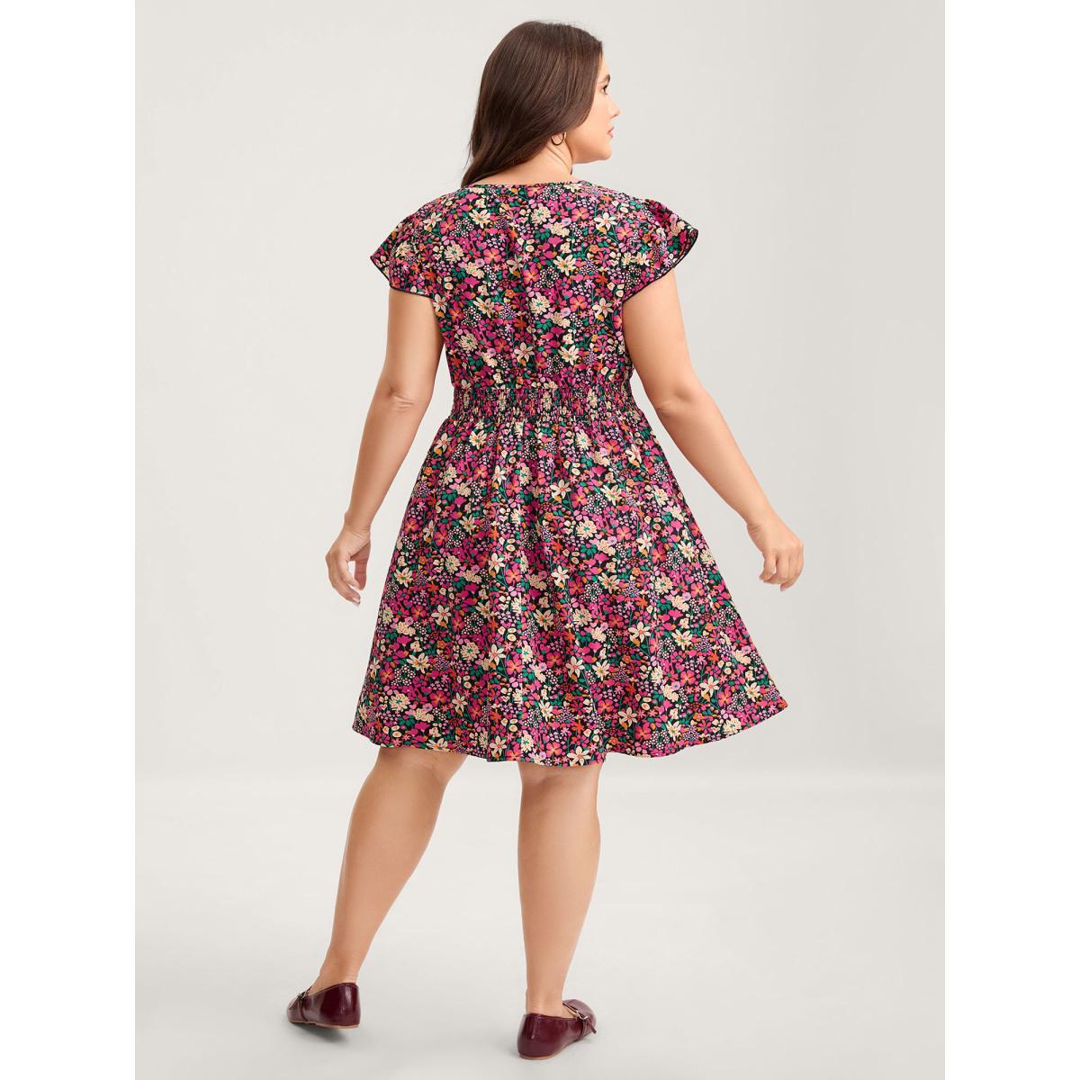 Plus Size Floral Print Shirred Waist Ruffled Midi Dress Peach Women V-neck Short sleeve Curvy BloomChic 28/5X Product Image