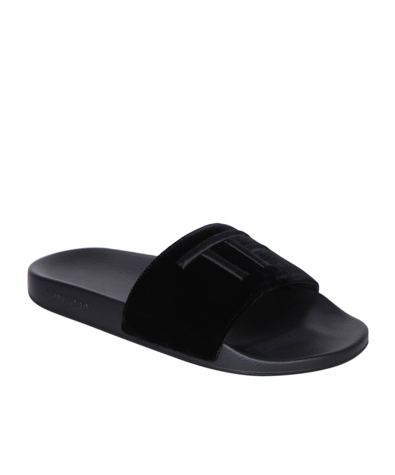 TOM FORD Logo-embroidered Velvet Slides In Black Product Image