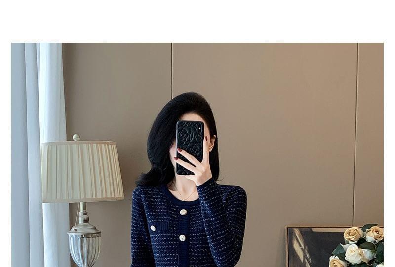 Long-Sleeve Round Neck Striped Knit A-Line Dress Product Image