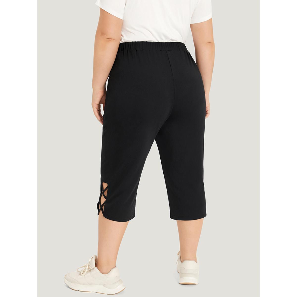 Plain Slant Pocket Crisscross Hem Skinny Sweatpants Black Plus Size Women Casual Dailywear Cross straps 18-20/2X Bloomchic Product Image
