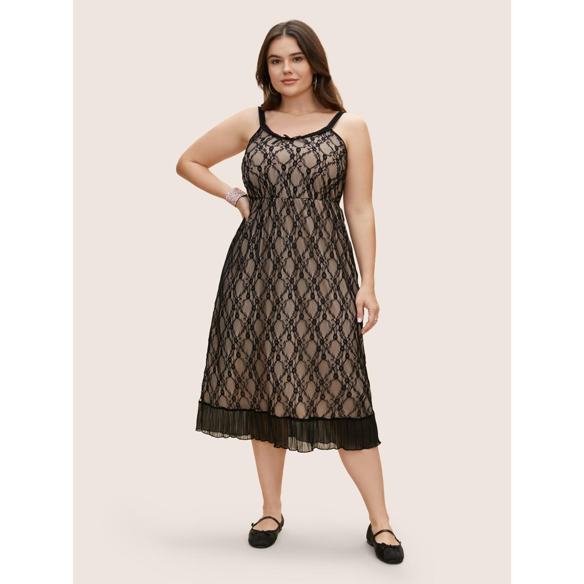Plus Size Crochet Lace Mesh Bowknot Midi Dress Black Women Cocktail Woven ribbon&lace trim Non Sleeveless Curvy BloomChic 28/5X Product Image