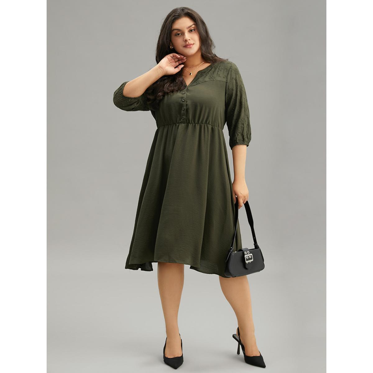 Plus Size Solid Notched Eyelet Patchwork Dress ArmyGreen Women Office Elastic cuffs Notched collar Elbow-length sleeve Curvy Midi Dress BloomChic 28/5X Product Image