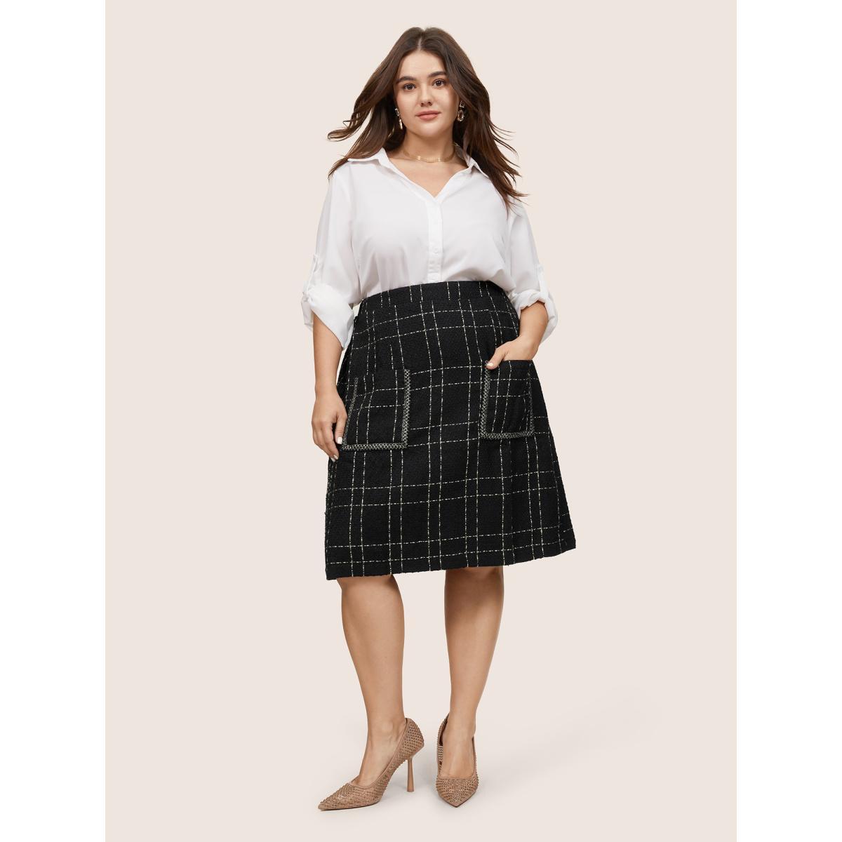 Plus Size Plaid Patched Pocket Stitch Skirt Women Black Glamour Stitch No stretch Pocket Going out Skirts BloomChic 26/4X Product Image