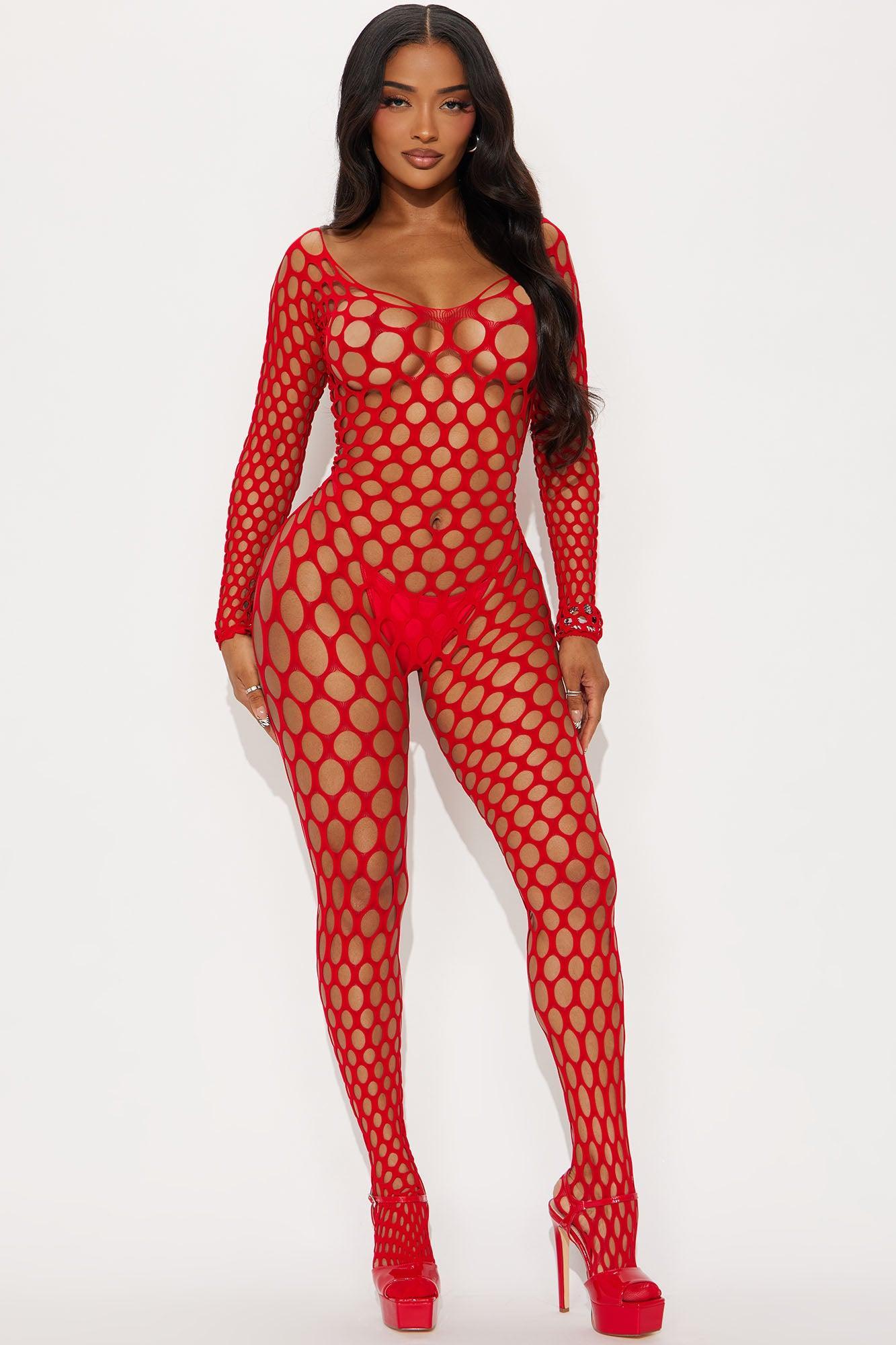 Liz Full Fishnet Crotchless Bodystocking - Red Female Product Image