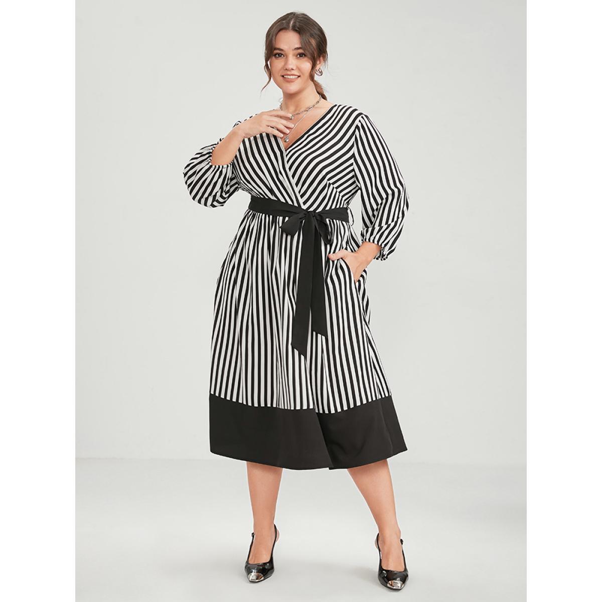 Plus Size Striped Contrast Patchwork Lantern Sleeve Pocket Belted Wrap Dress Black Women Office Belted V-neck Elbow-length sleeve Curvy Midi Dress BloomChic 30/6X Product Image