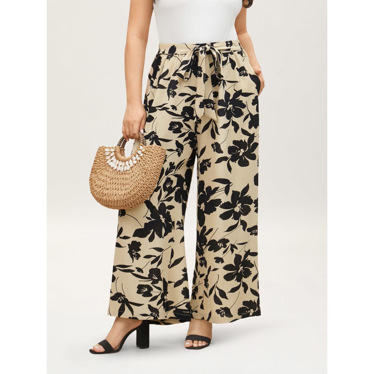 Plus Size Silhouette Floral Print Ties Side Seam Pocket Pants Women Champagne Elegant Wide Leg High Rise Everyday Pants BloomChic 28/5X Product Image