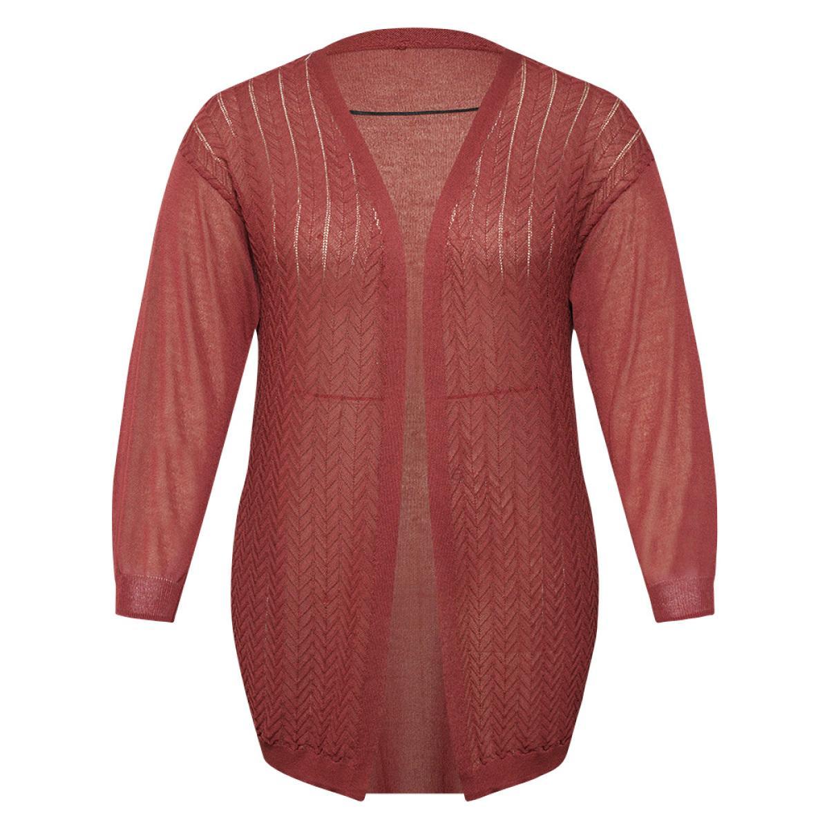 Plus Size Geometric Plisse Patchwork Loose Open Front Cardigan Russet Women Casual Loose Long Sleeve Everyday Cardigans BloomChic 10/M Product Image