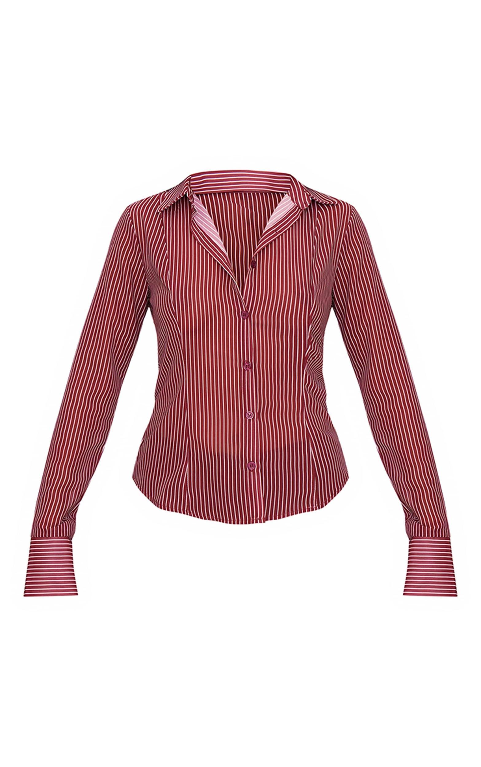 Burgundy Chiffon Fitted Striped Shirt Product Image