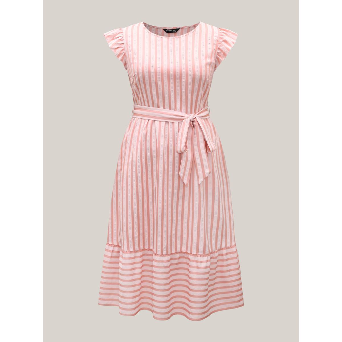 Plus Size Pastel Stripes Belted Pockets Midi Dress Multicolor Women Casual Belted Round Neck Cap Sleeve Curvy BloomChic 26/4X Product Image