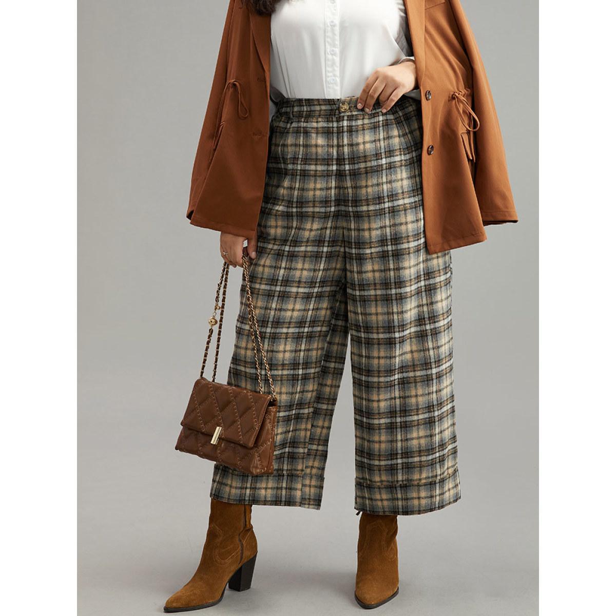 Plus Size Plaid Button Detail Straight Leg Pants Women LightBrown Office Straight Leg High Rise Work Pants BloomChic 26/4X Product Image