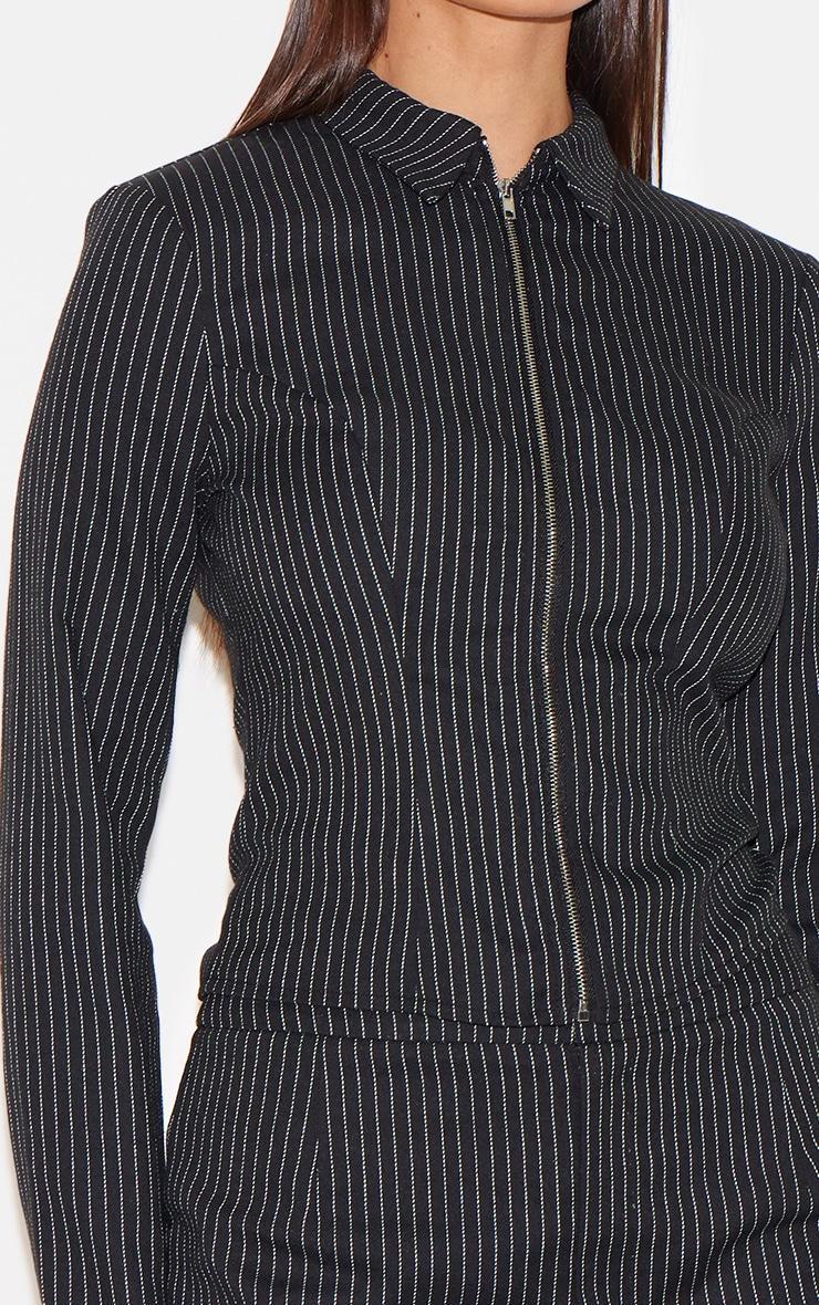 Black Woven Tailored Pinstripe Ruched Zip Up Top Product Image