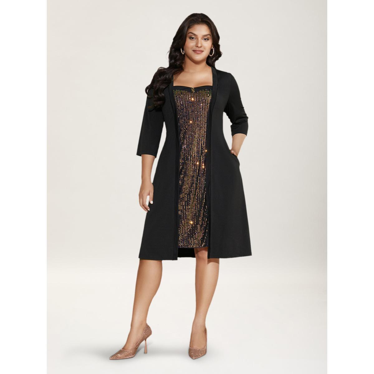 Plus Size Heart Neckline Patchwork Sequin Button Detail Dress Black Women Cocktail Texture Party Curvy Bloomchic 28/5X Product Image
