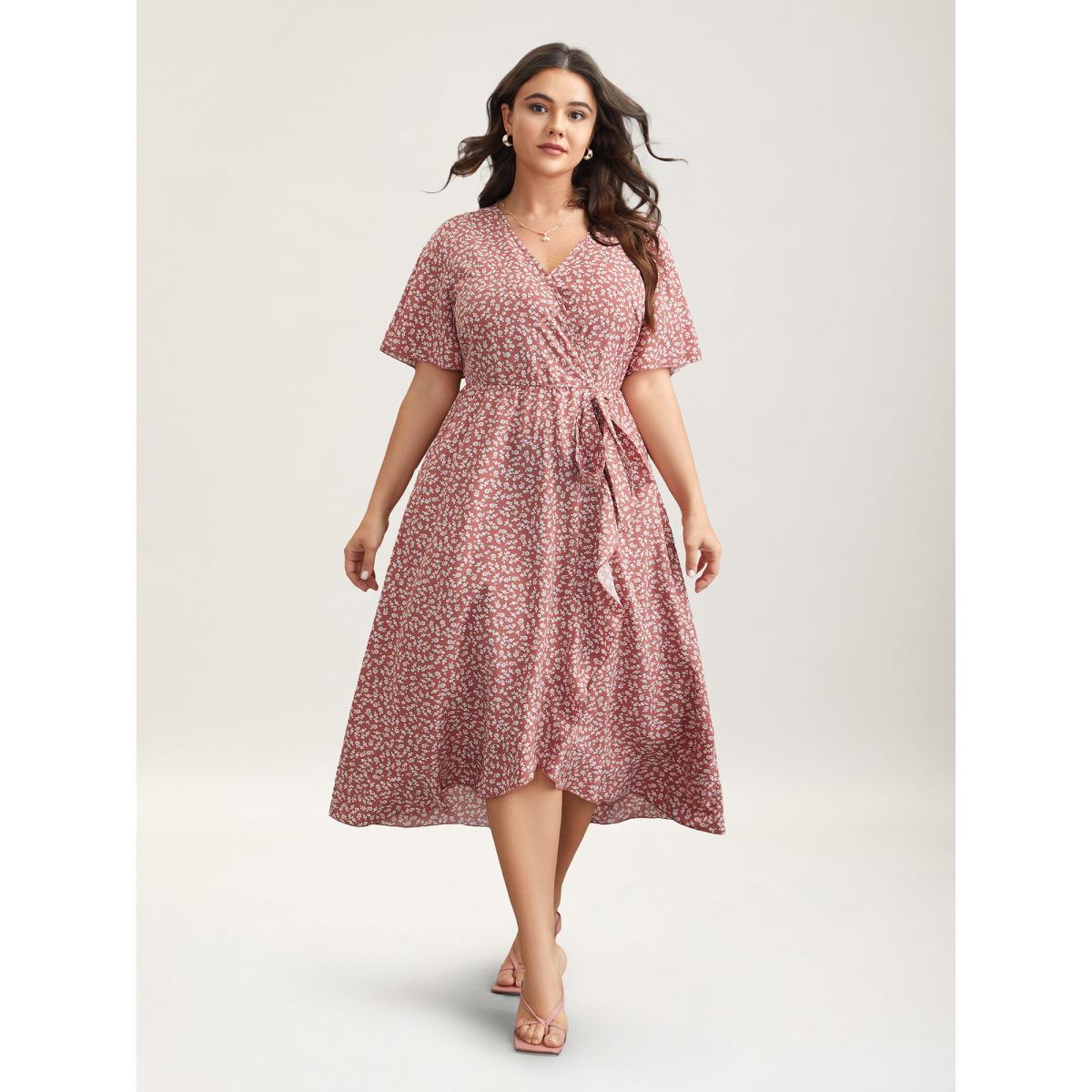 Plus Size Ditsy Floral Print Stretchy-Waist Ruffle Midi Dress DustyPink Women Elegant Overlapping Overlap Collar Short sleeve Curvy BloomChic 18-20/2X Product Image