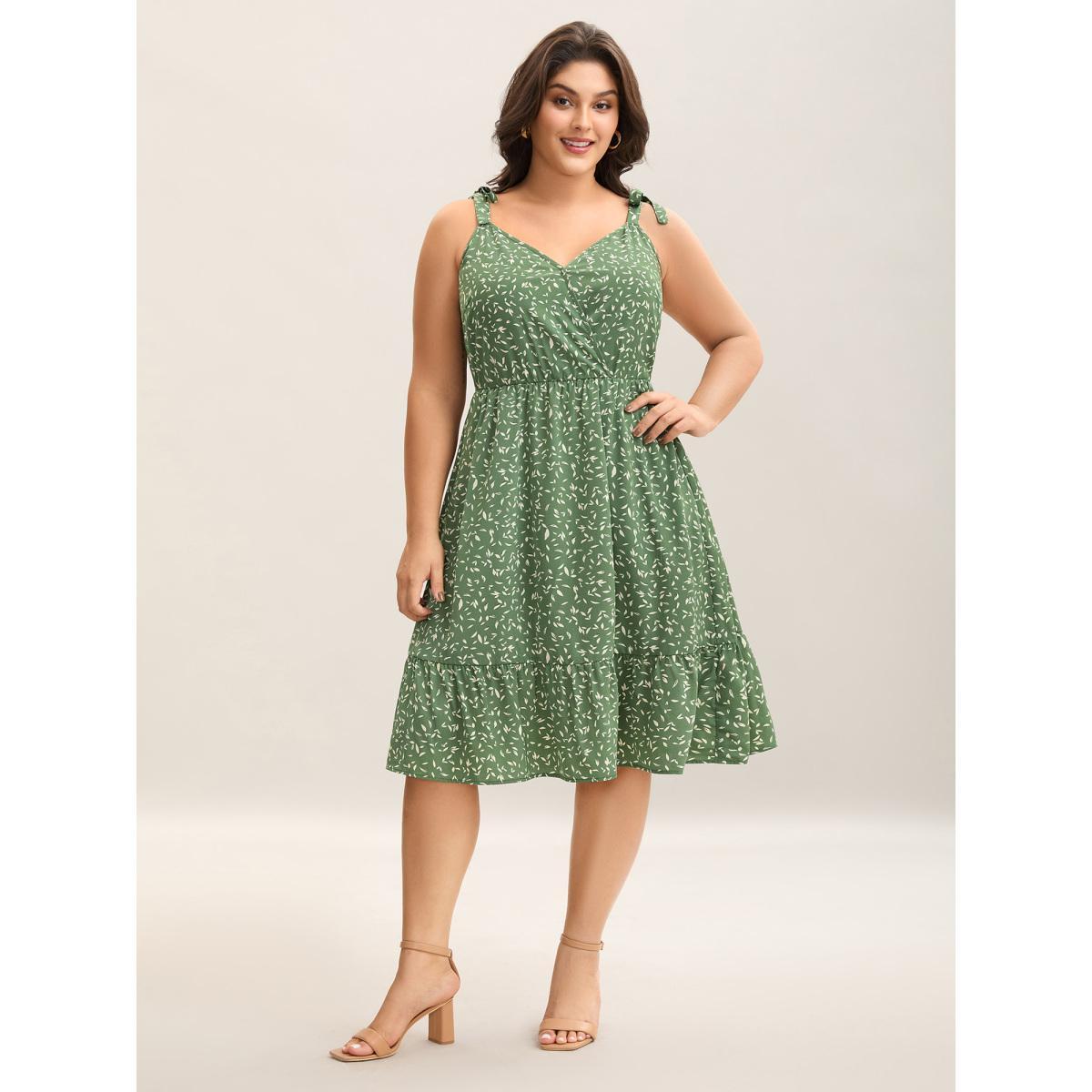 Plus Size Tiny Petal Print Tied Shoulder Midi Dress Moss Women V-neck Sleeveless Curvy BloomChic 10/M Product Image