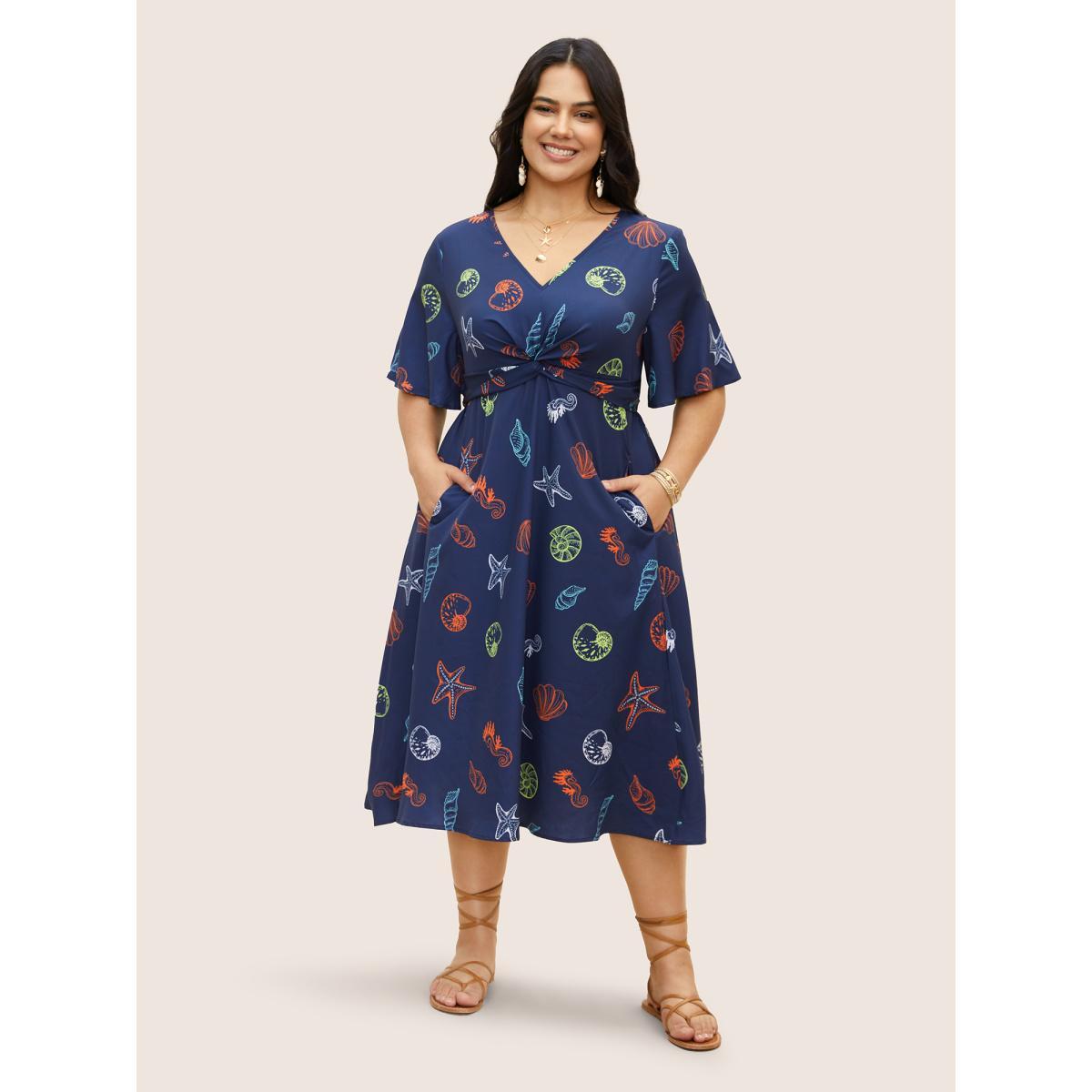 Plus Size Marine Elements Twist Front Elastic Waist Dress Navy Women Resort Twist V-neck Short sleeve Curvy BloomChic 18-20/2X Product Image
