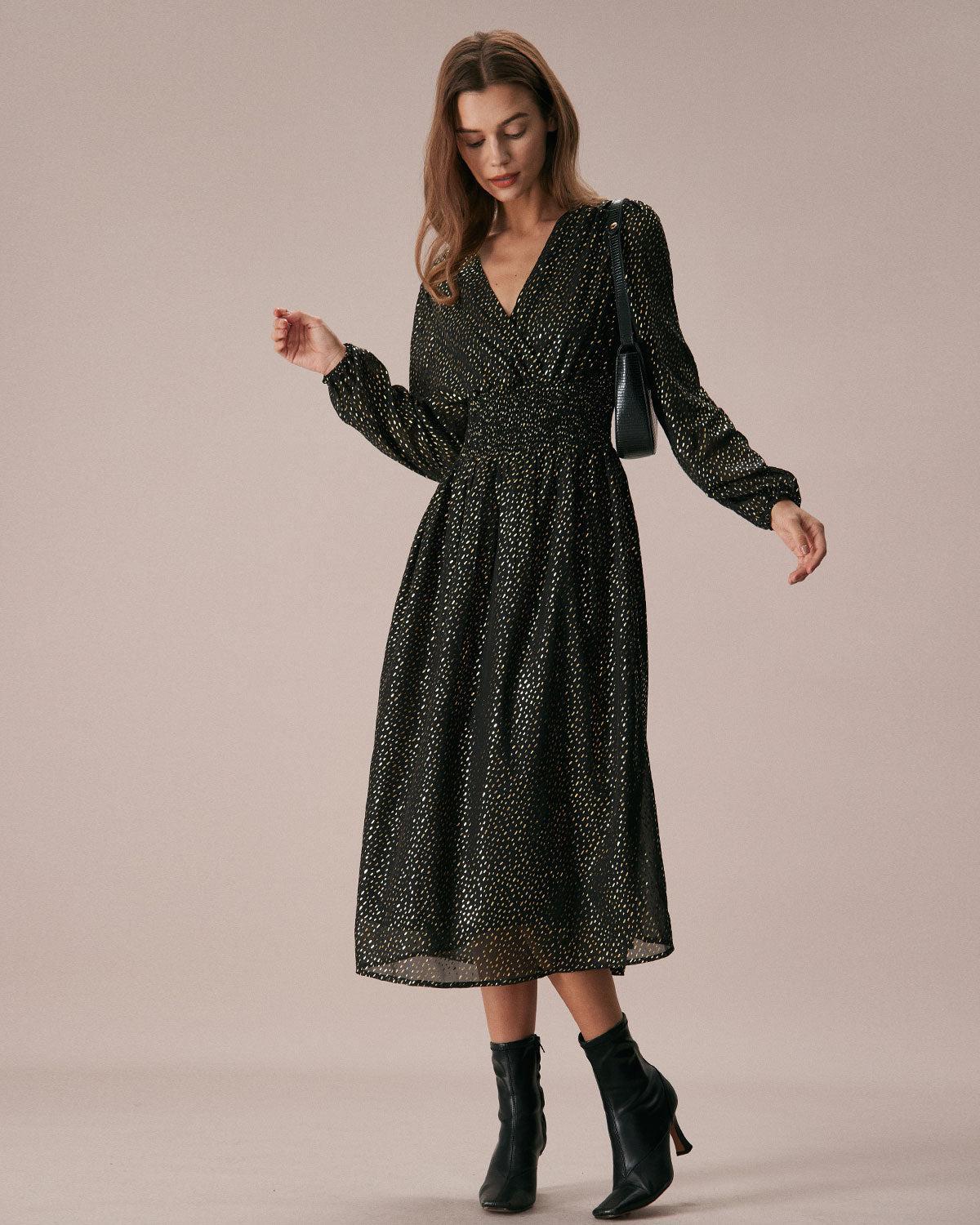 The Black V Neck Shirred Overlapping Midi Dress Product Image